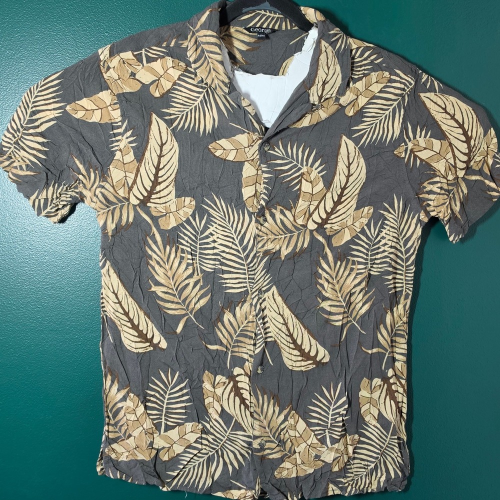 George Mens Gray Tropical Palm Leaf Print Short Sleeve Button Down Shirt Size M